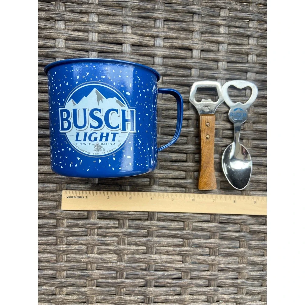 Busch Light Tin Mug and Vintage Bottle Opener Set Blue Enamel Style Cup Spoon - Picture 1 of 5